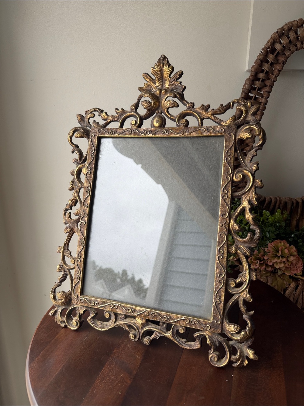 Antique Victorian Brass Table Top Frame with Swing Kick Stand and Glass Front